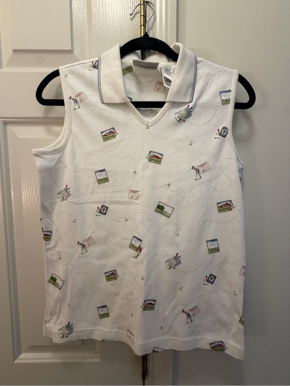 Lizgolf by Liz Claiborne Vintage Sleeveless Golf Polo Top White Novelty Print M